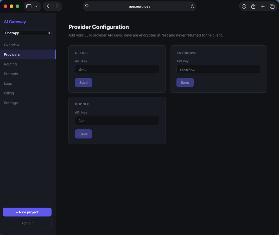 Adding a provider API key in the MAIG dashboard