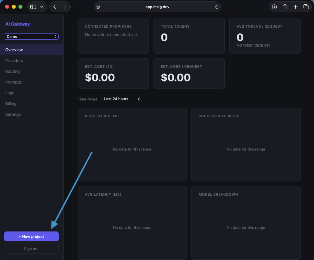 Create new project button in the MAIG dashboard
